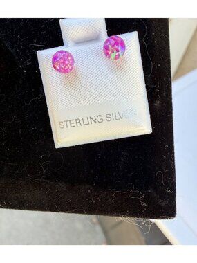 NWT Sterling Silver 925 Iridescent Pink Opal Stud Earrings Round Japan    gift
